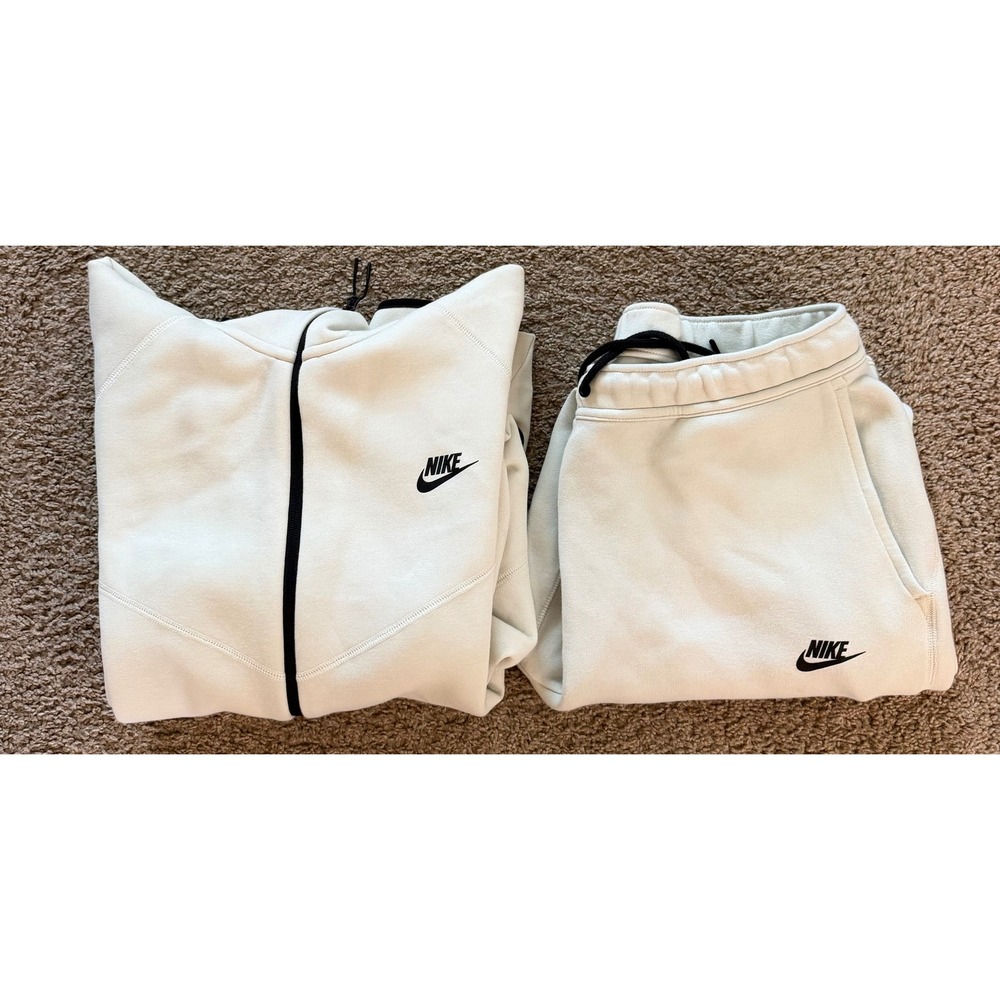 Nike Tech Fleece Full Tracksuit Set Cream Black Hoodie Joggers Mens XXL